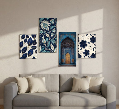 Set of 4 Blue &amp; White Botanical &amp; Architectural Wall Tiles